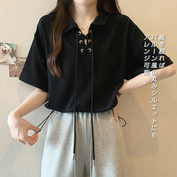 ポロカラーレースアップトップス