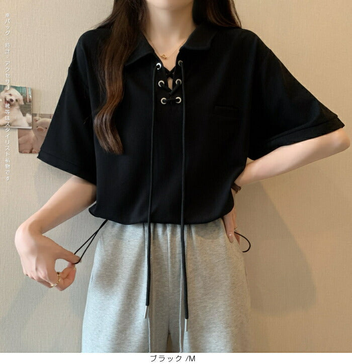 ポロカラーレースアップトップス