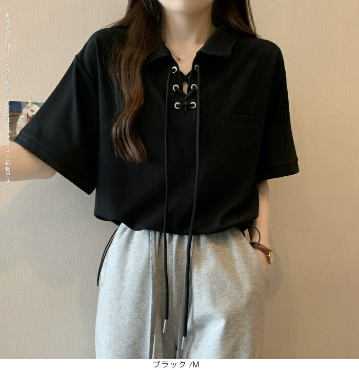 ポロカラーレースアップトップス