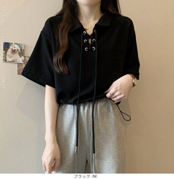 ポロカラーレースアップトップス