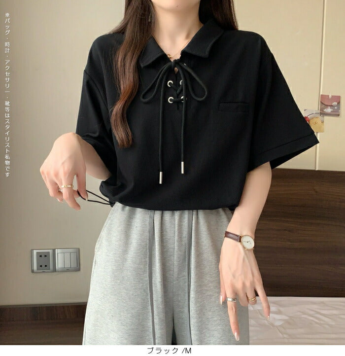 ポロカラーレースアップトップス