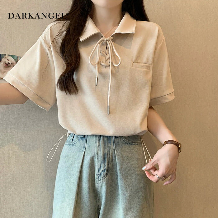 ポロカラーレースアップトップス