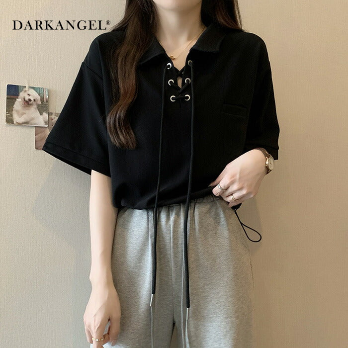 ポロカラーレースアップトップス