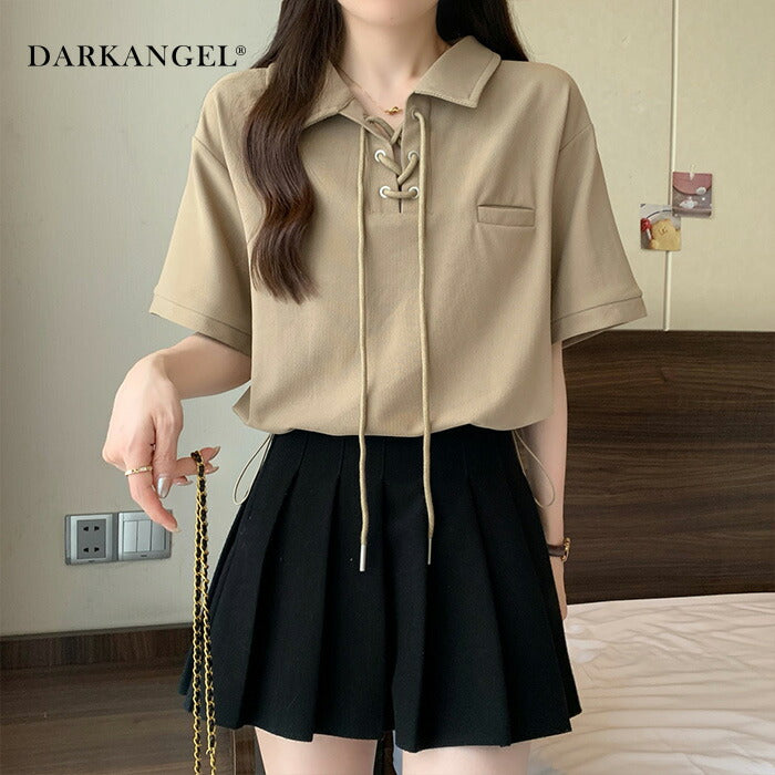 ポロカラーレースアップトップス