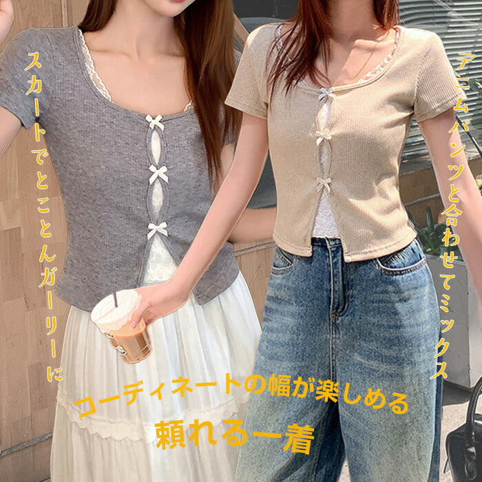 リボン付きレイヤード風カットソー