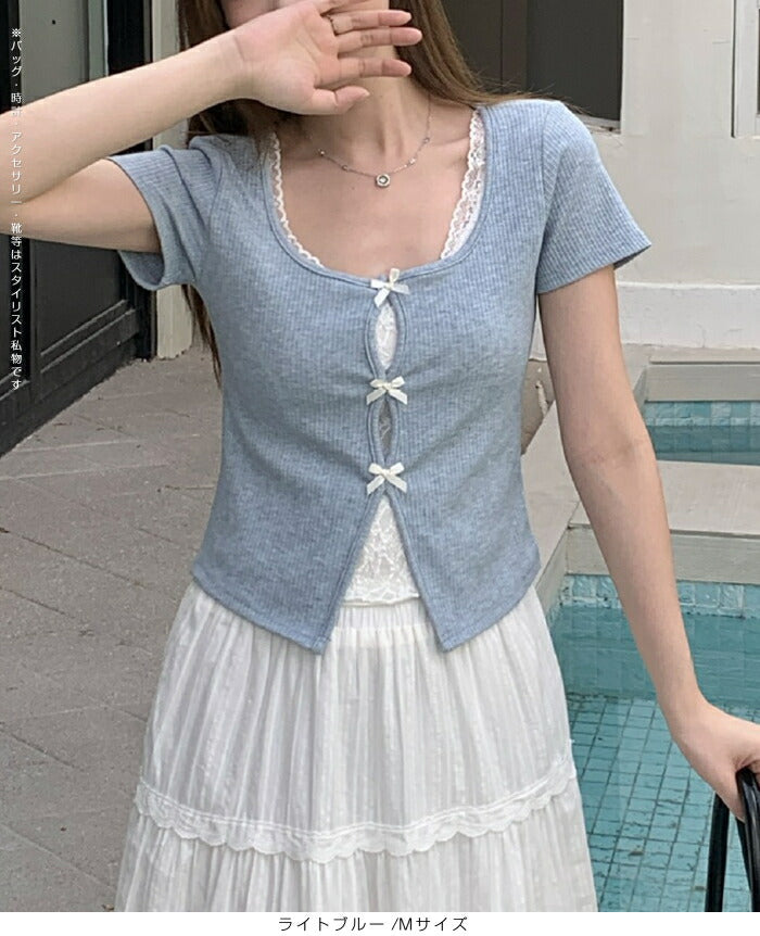 リボン付きレイヤード風カットソー