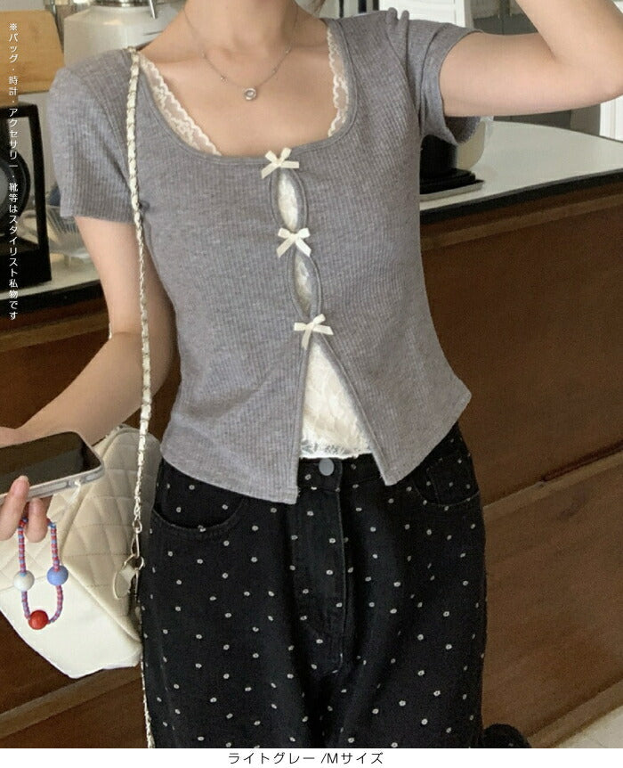 リボン付きレイヤード風カットソー