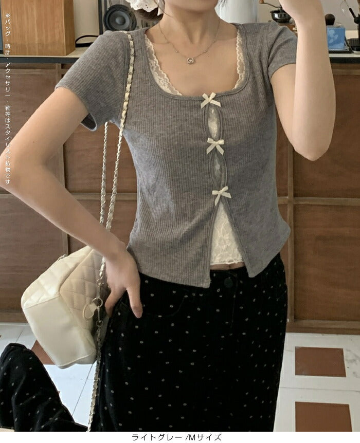 リボン付きレイヤード風カットソー