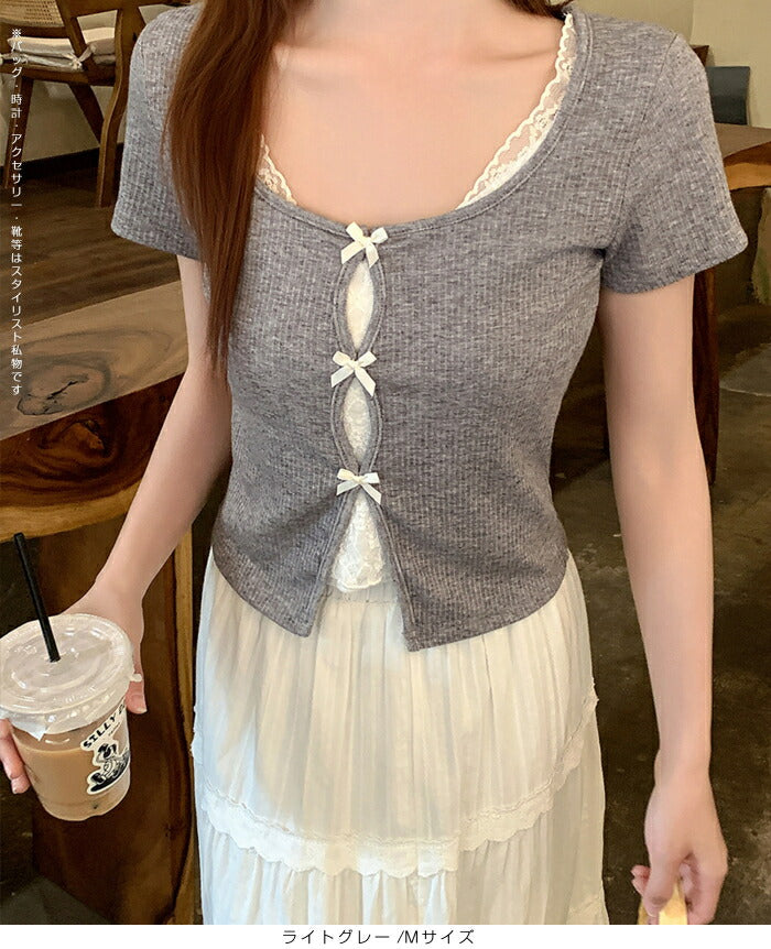 リボン付きレイヤード風カットソー