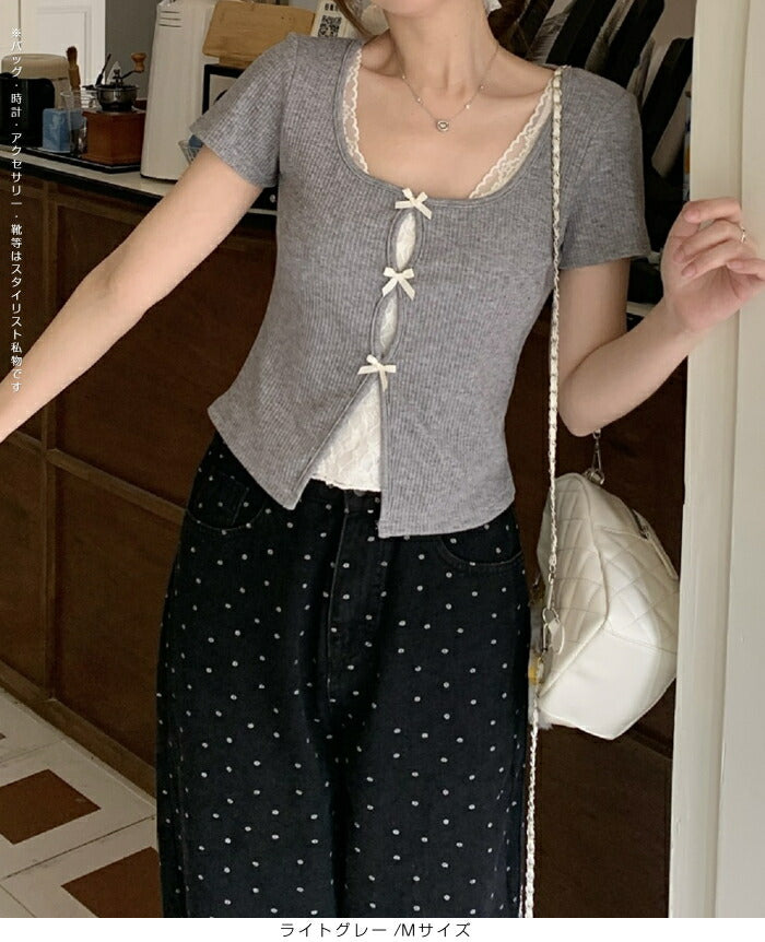 リボン付きレイヤード風カットソー
