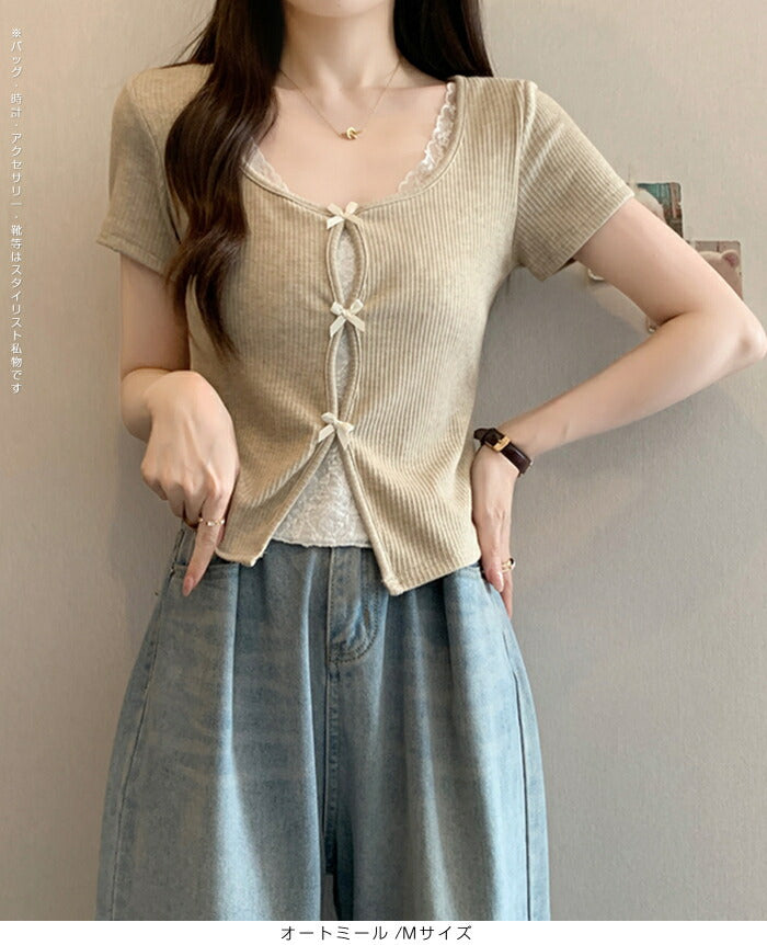 リボン付きレイヤード風カットソー