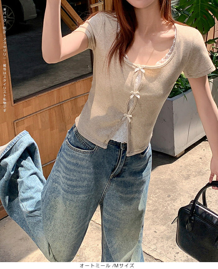 リボン付きレイヤード風カットソー