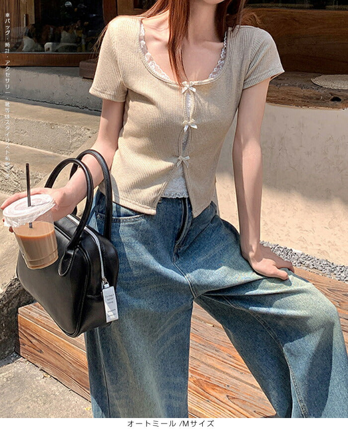 リボン付きレイヤード風カットソー