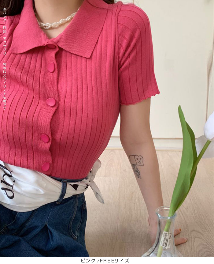 スキッパー襟リブニットトップス