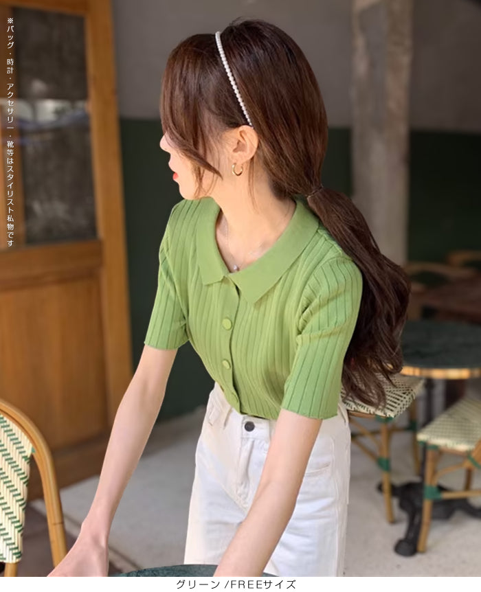 スキッパー襟リブニットトップス