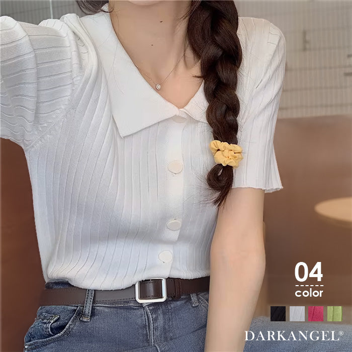 スキッパー襟リブニットトップス