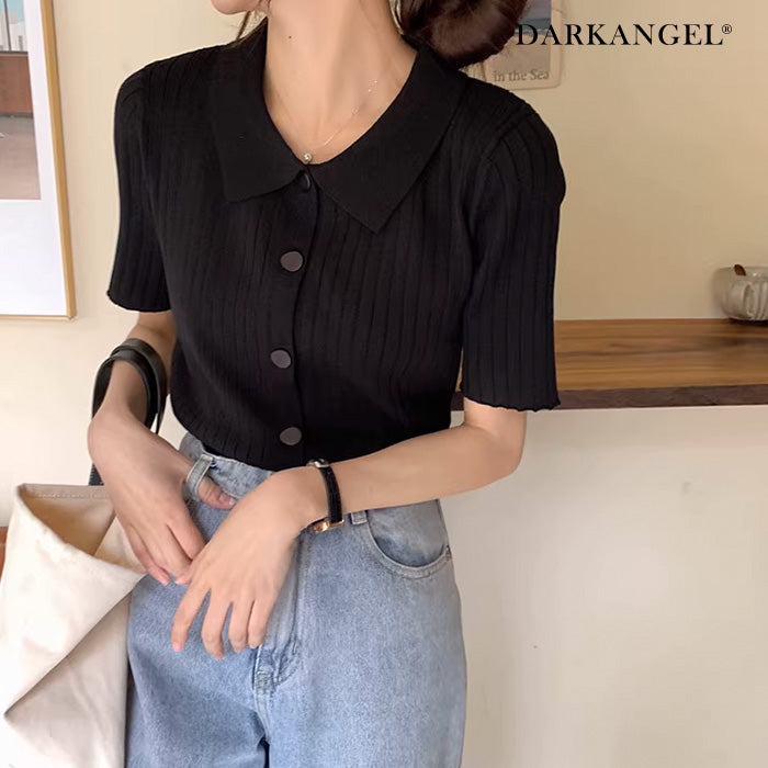 スキッパー襟リブニットトップス