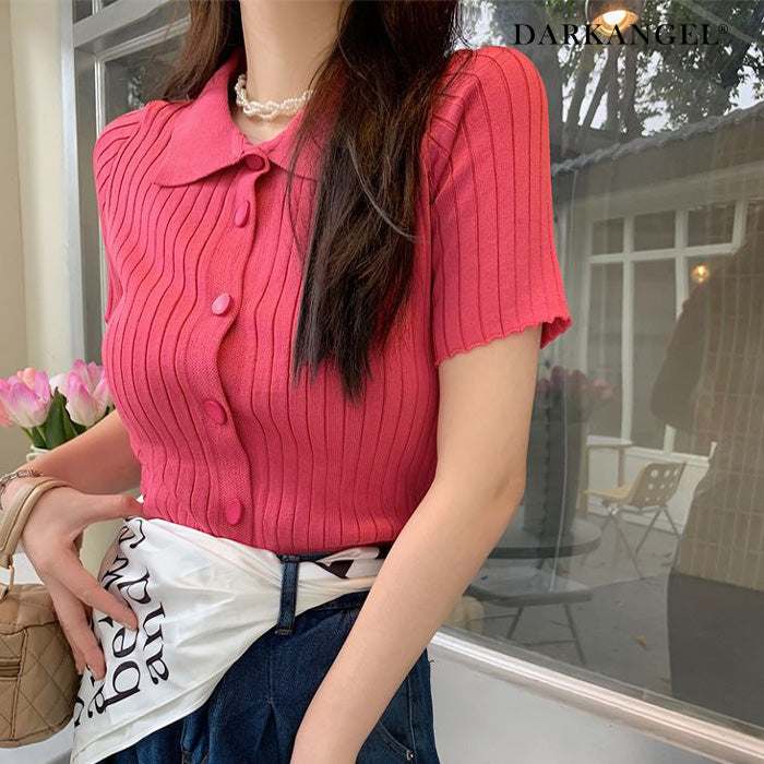 スキッパー襟リブニットトップス