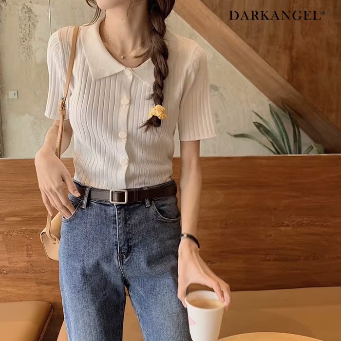 スキッパー襟リブニットトップス