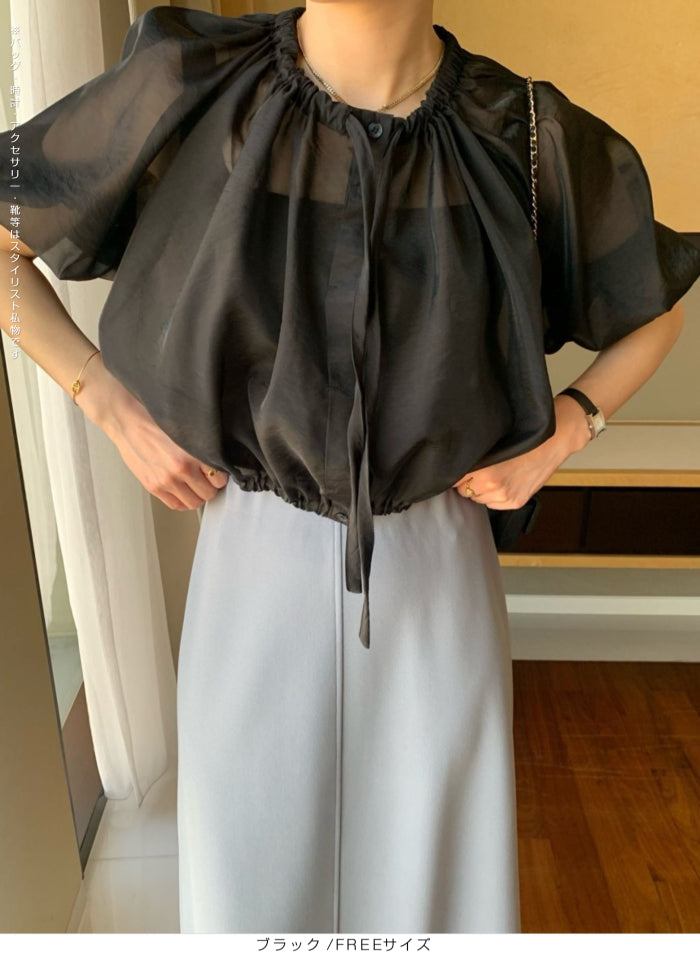 涼感シアーギャザーブラウス