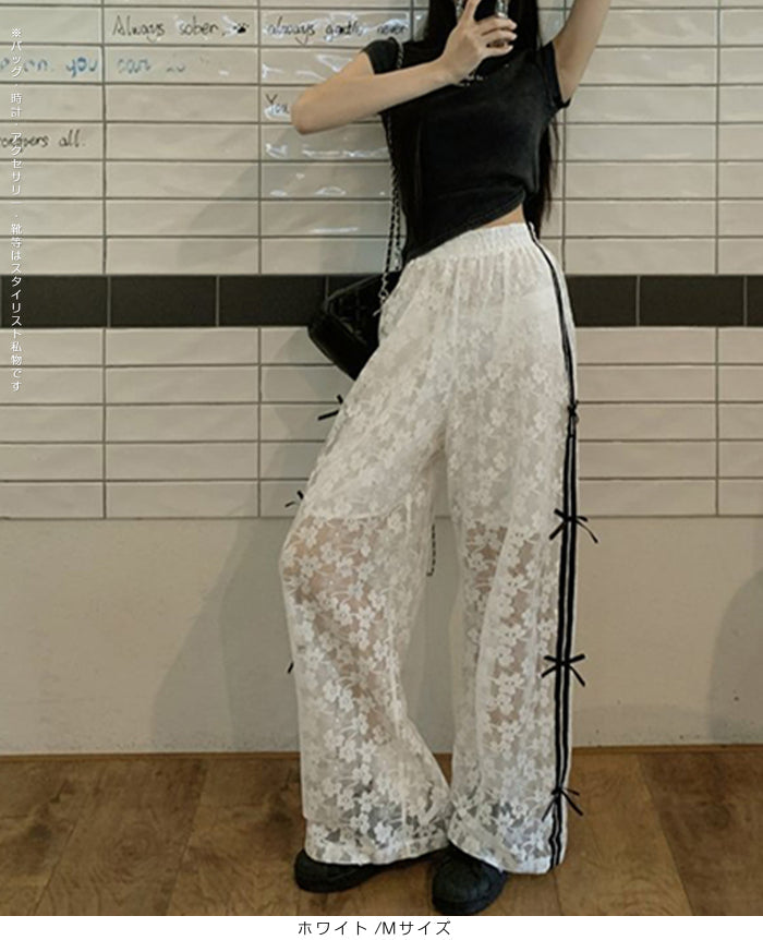 花柄レース涼感ワイドパンツ