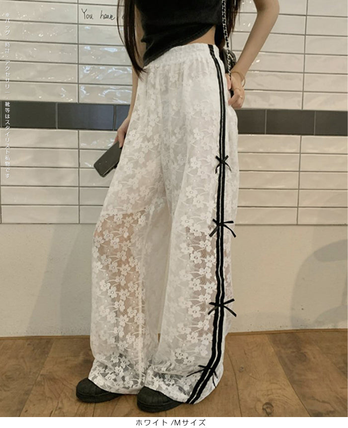 花柄レース涼感ワイドパンツ