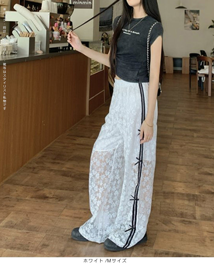 花柄レース涼感ワイドパンツ