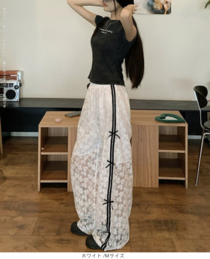 花柄レース涼感ワイドパンツ