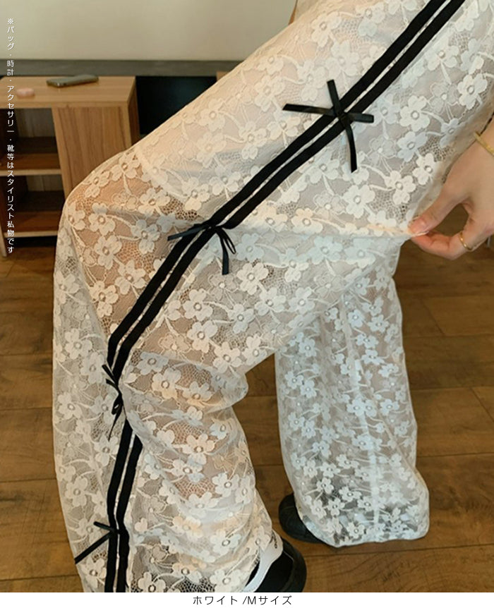 花柄レース涼感ワイドパンツ