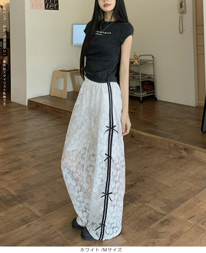 花柄レース涼感ワイドパンツ