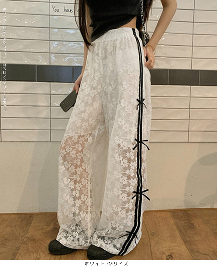 花柄レース涼感ワイドパンツ
