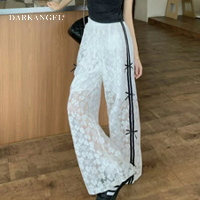 花柄レース涼感ワイドパンツ