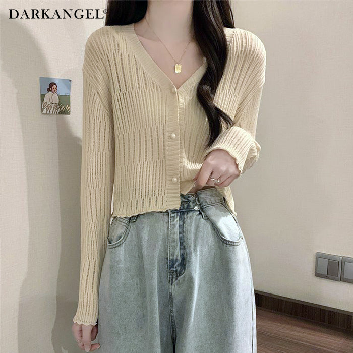 透かしランダムリブVネックショートカーディガン