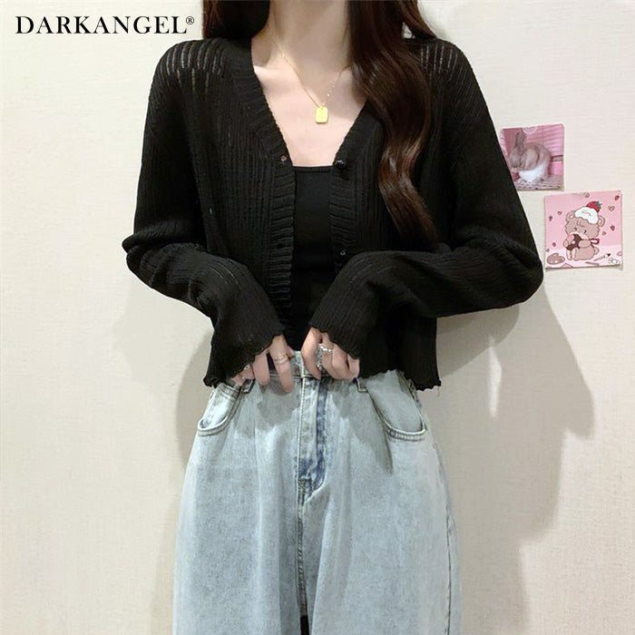 透かしランダムリブVネックショートカーディガン