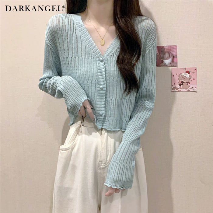 透かしランダムリブVネックショートカーディガン