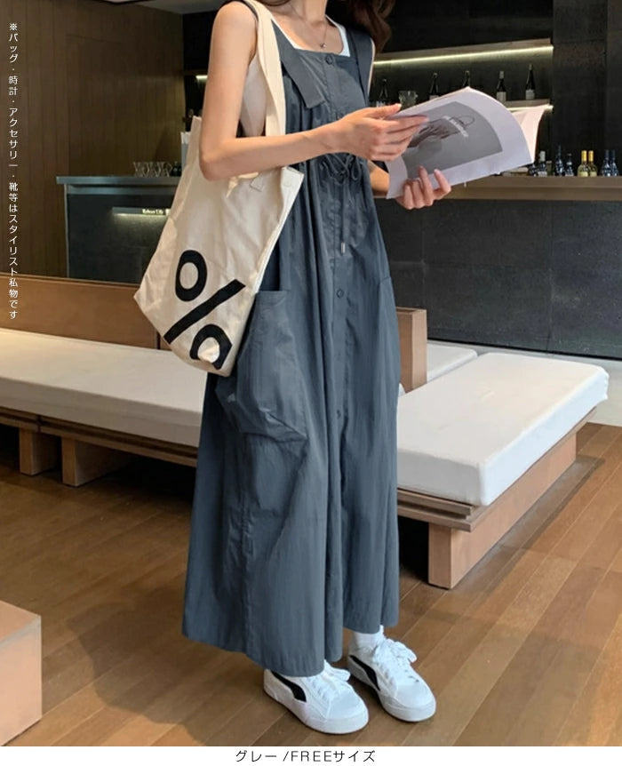 サロペット風ウエストマークロングワンピース