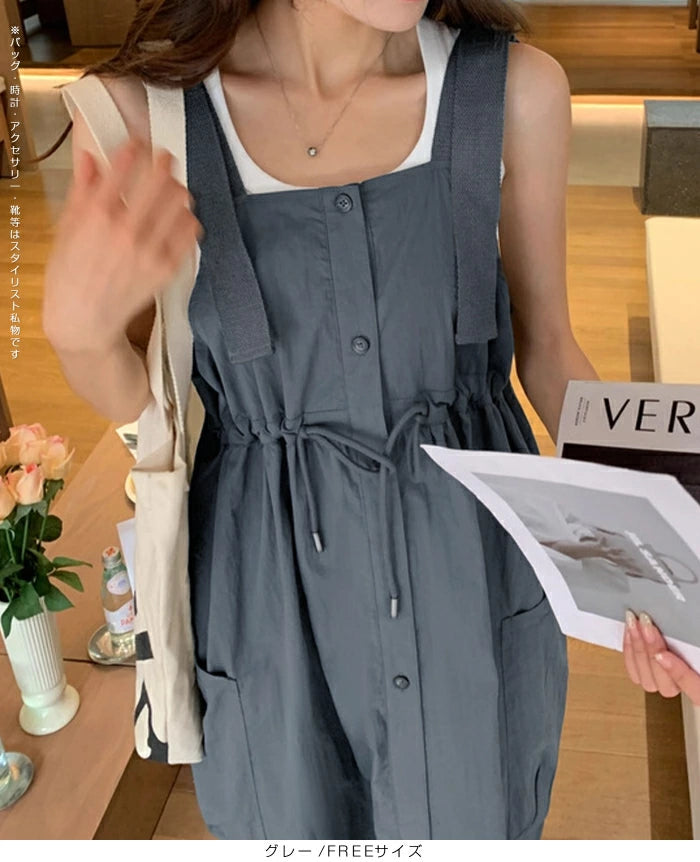 サロペット風ウエストマークロングワンピース