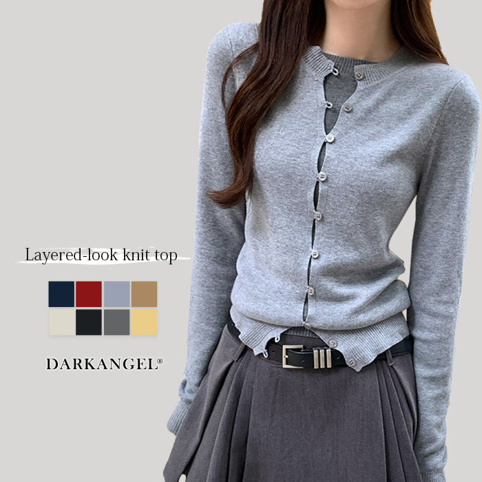 フェイクレイヤードカーディガン風ニットトップス