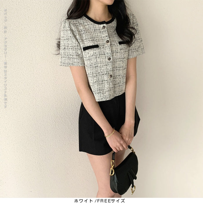 ツイードクロップド半袖ジャケット