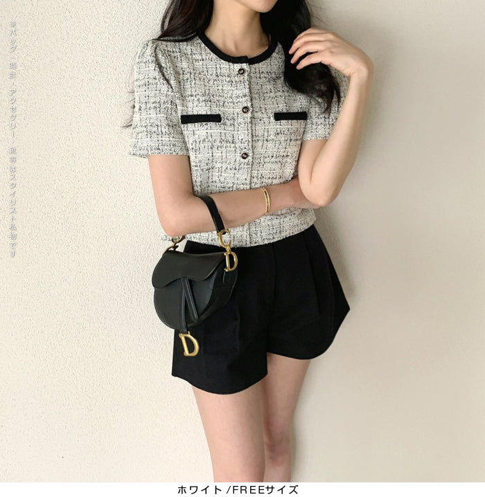 ツイードクロップド半袖ジャケット