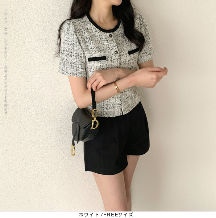 ツイードクロップド半袖ジャケット