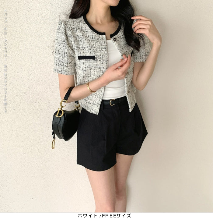 ツイードクロップド半袖ジャケット