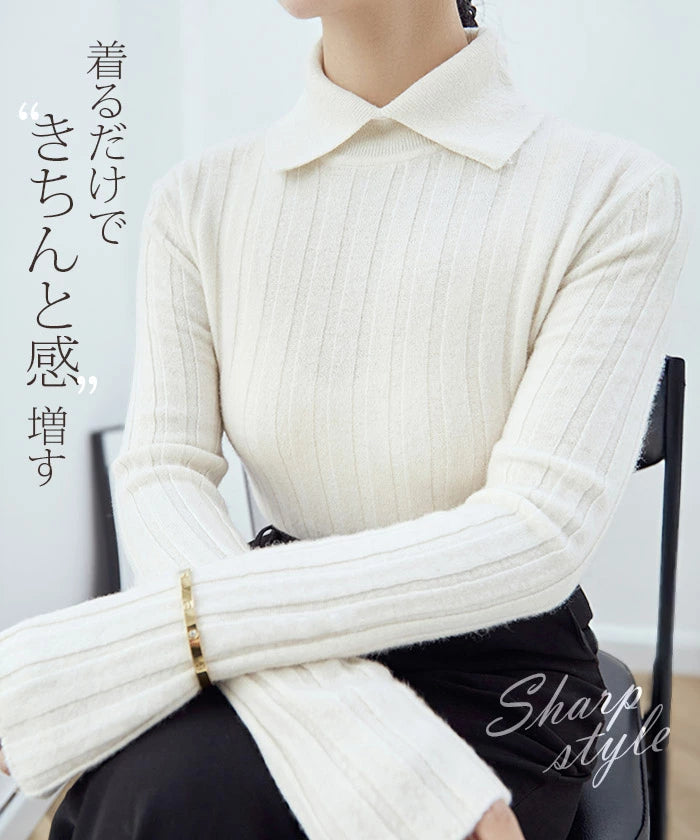 襟付きリブニットトップス