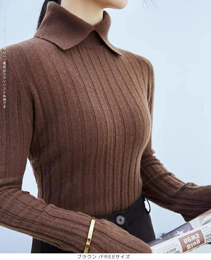 襟付きリブニットトップス