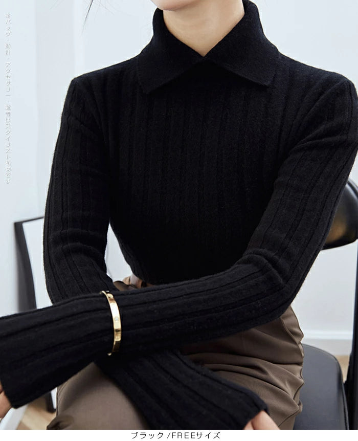 襟付きリブニットトップス