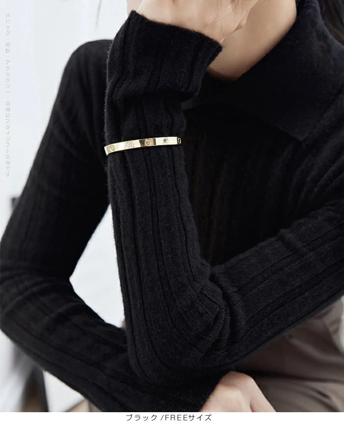 襟付きリブニットトップス