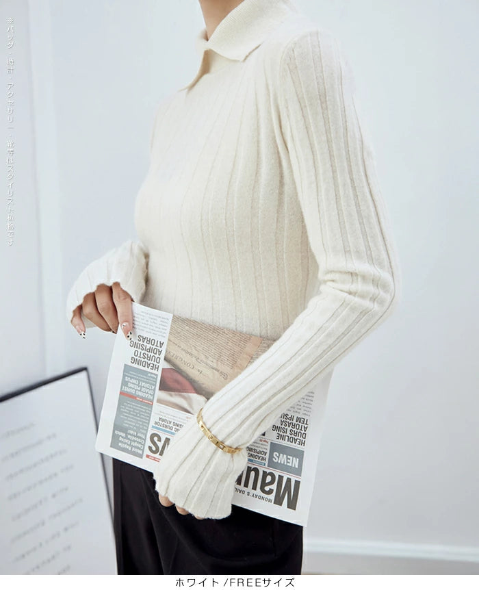 襟付きリブニットトップス