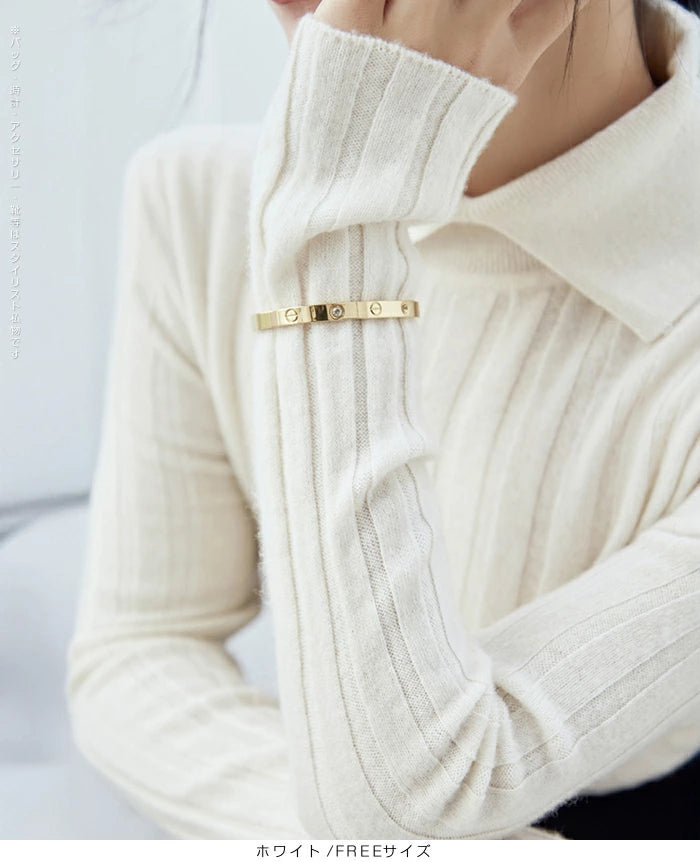 襟付きリブニットトップス