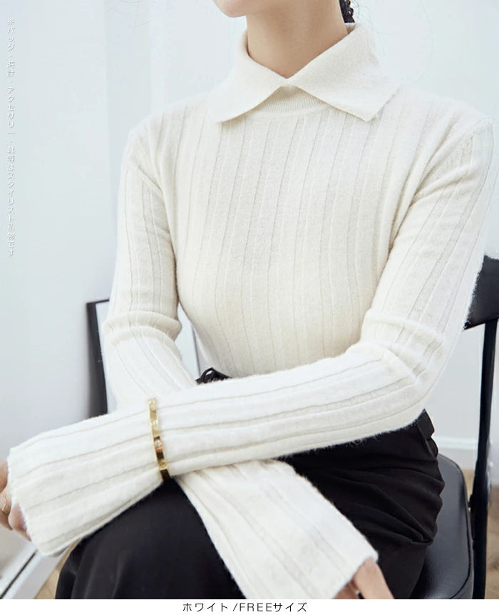 襟付きリブニットトップス