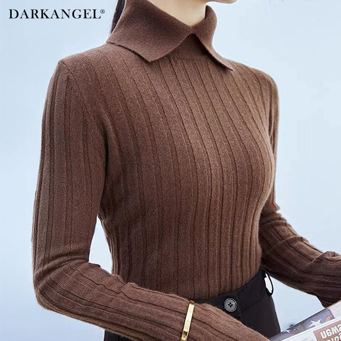 襟付きリブニットトップス